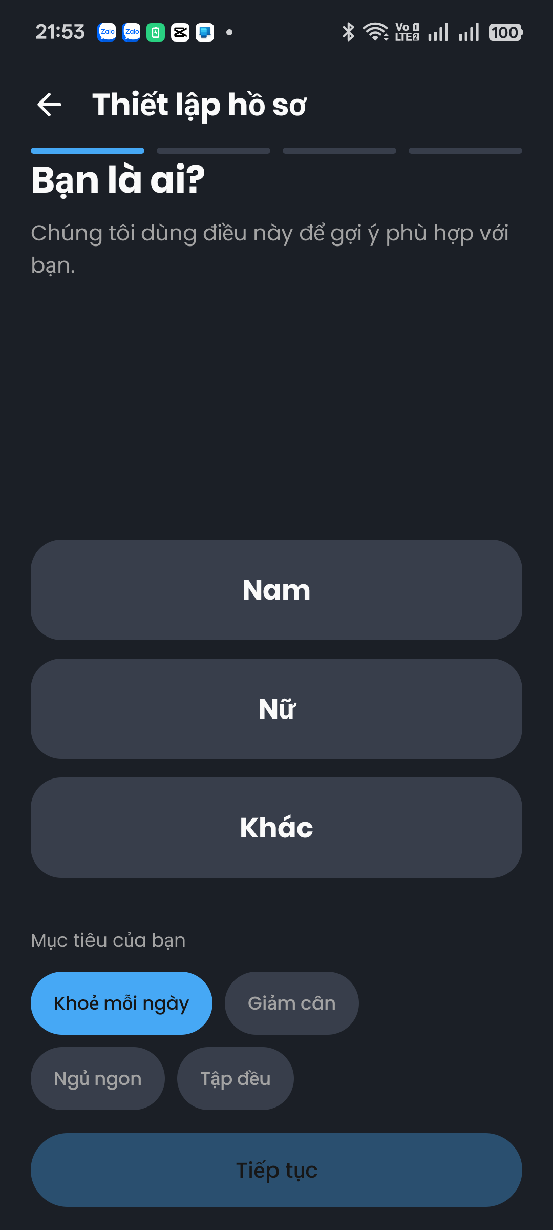 Profile setup asking for gender and goal