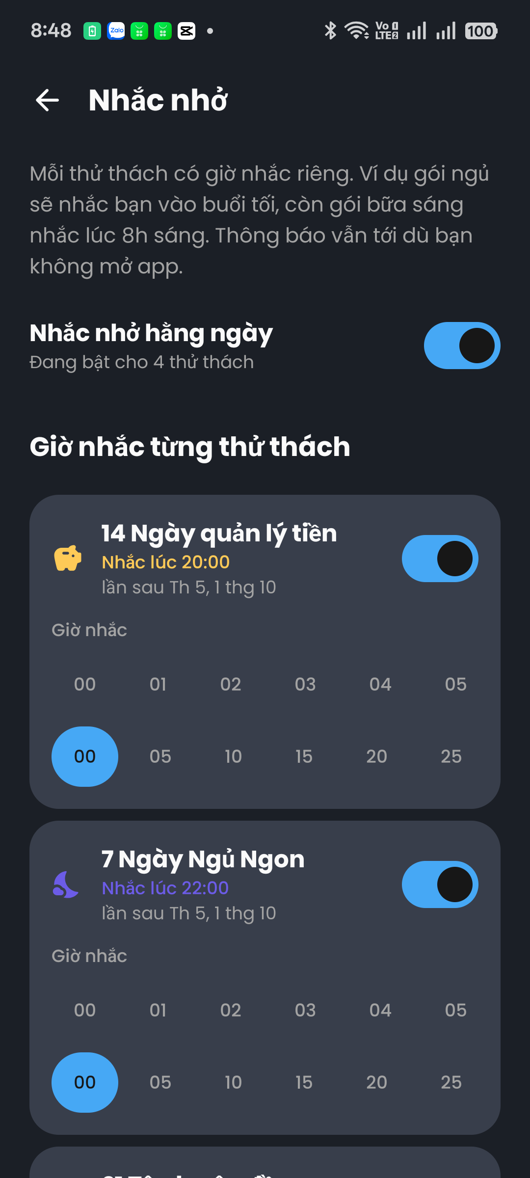 Reminder settings with a time picker per challenge