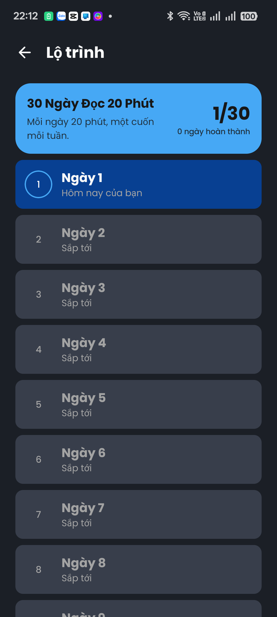 Roadmap view listing the days of a habit