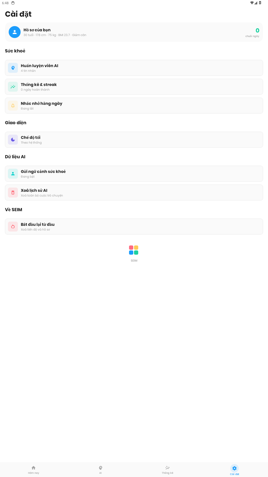 Settings screen listing the AI data controls